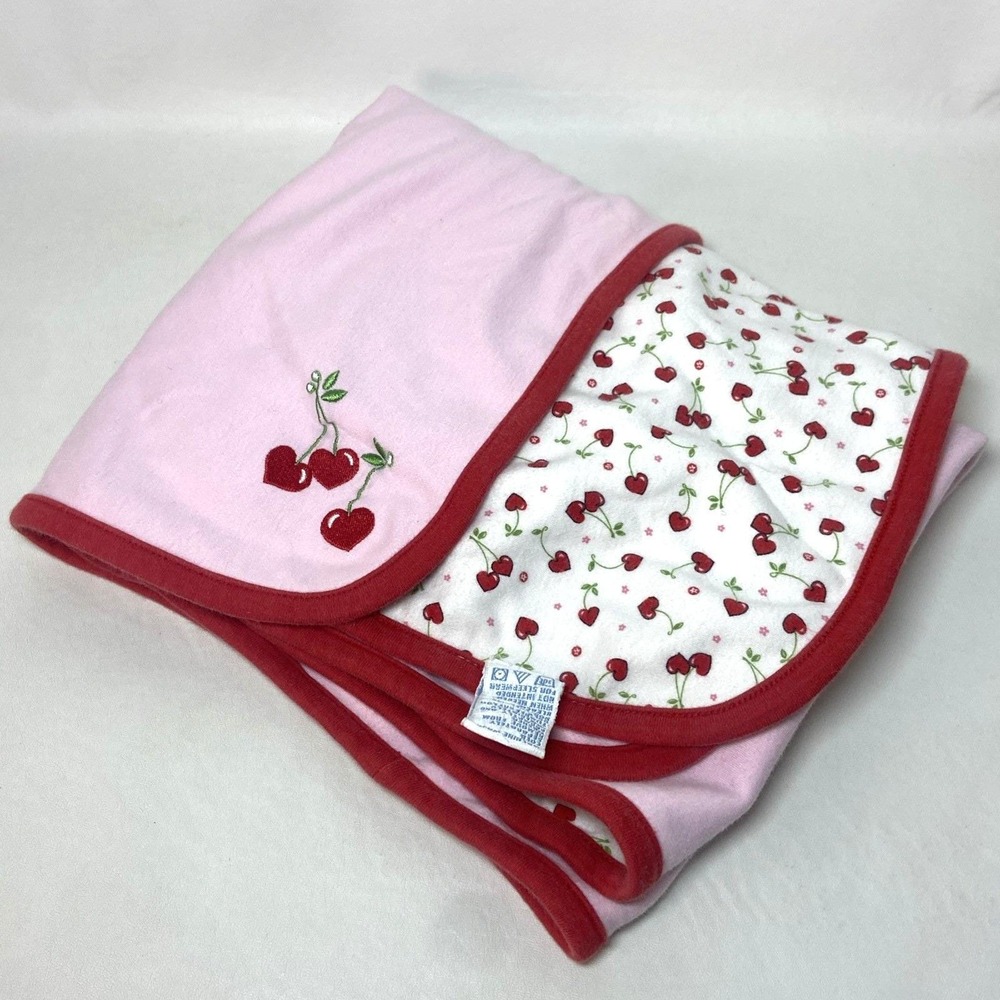 Gymboree Cotton Baby Blanket Vintage Pink Red‎ Trim Cherry Hearts Reversible Y2K
